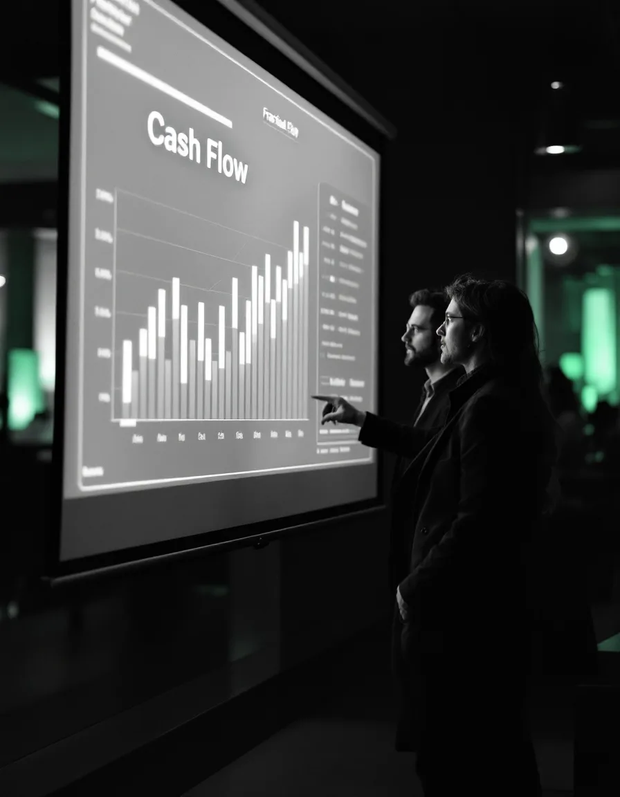 A founder and advisor reviewing a projected cash-flow chart